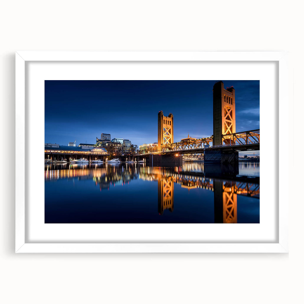 Abstract art print of Sacramento with vibrant hues on a white framed mat, ideal for dining room decor.