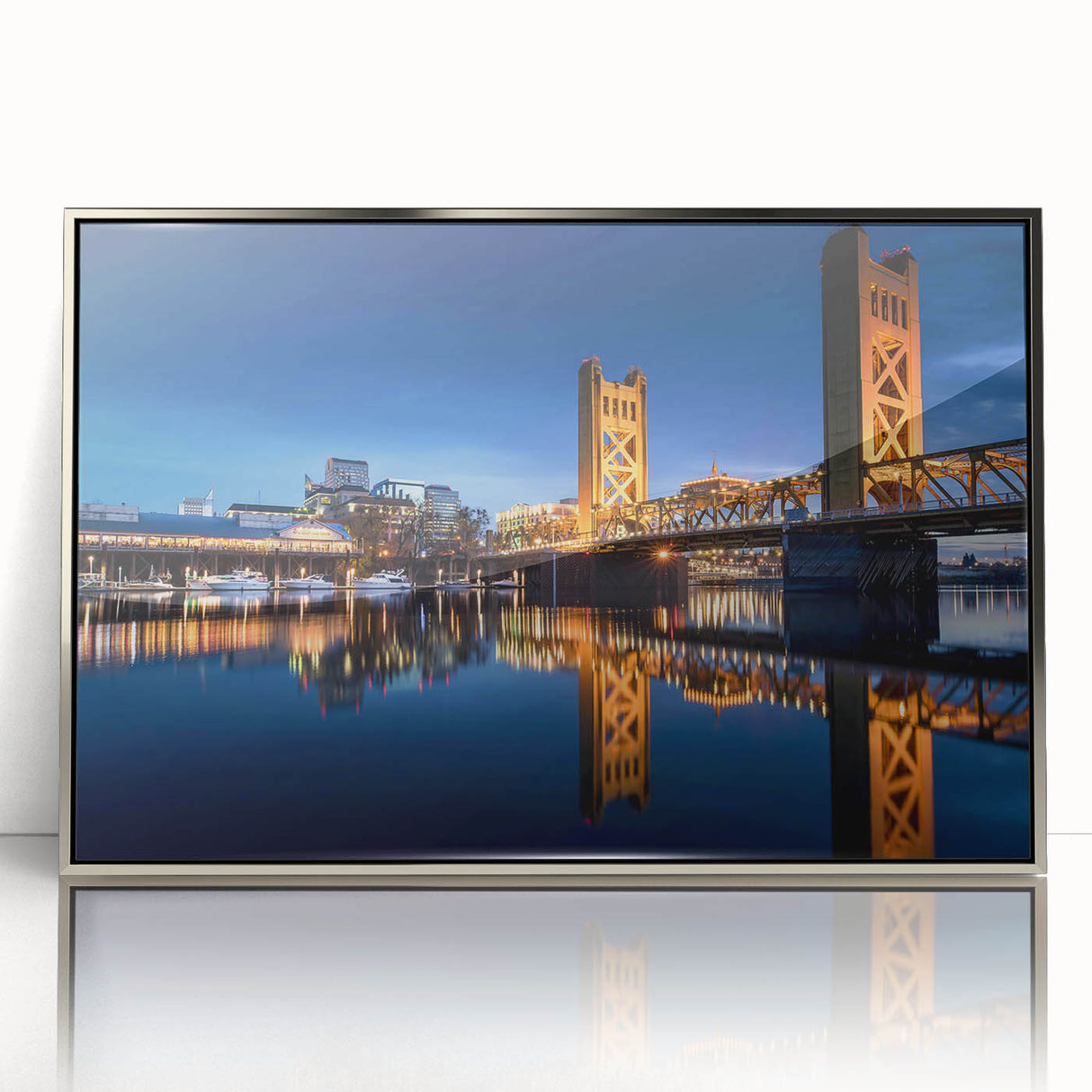Mid-century modernist art depicting Sacramento skyline in muted earth tones on a silver-framed acrylic print.