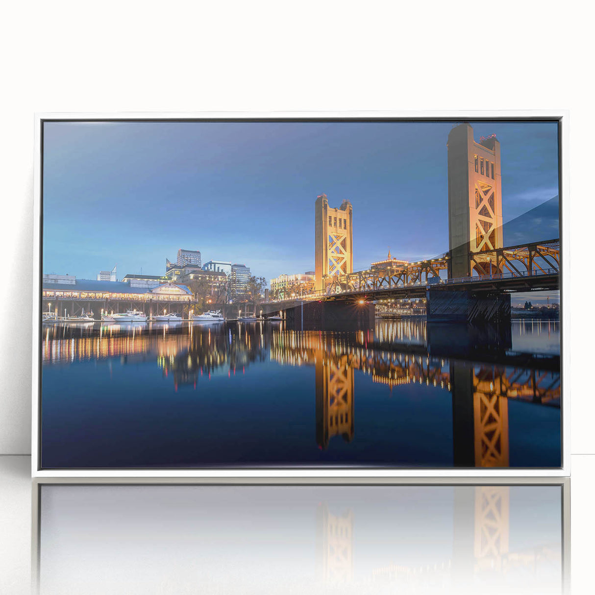 Art deco style Sacramento skyline in muted pastel colors on a framed acrylic, ideal for modern nursery wall art.