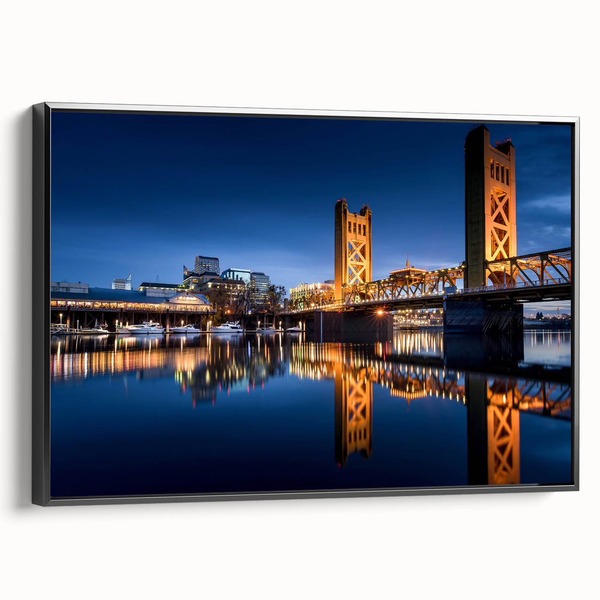 Black and white framed canvas of Sacramento landscape, ideal for bedroom wall art.