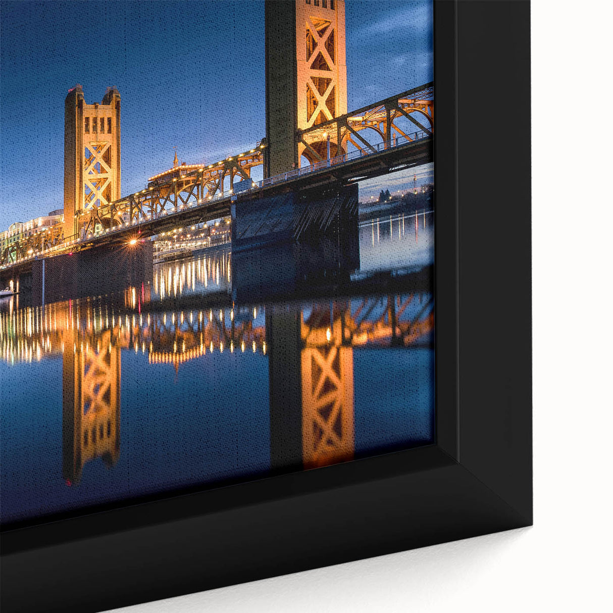 Black wall art depicting the Sacramento skyline, rendered in colorful, textured strokes on a large framed canvas.
