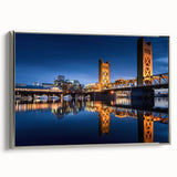 Landscape art painting of Sacramento featuring colorful art on black background in a silver-framed canvas.