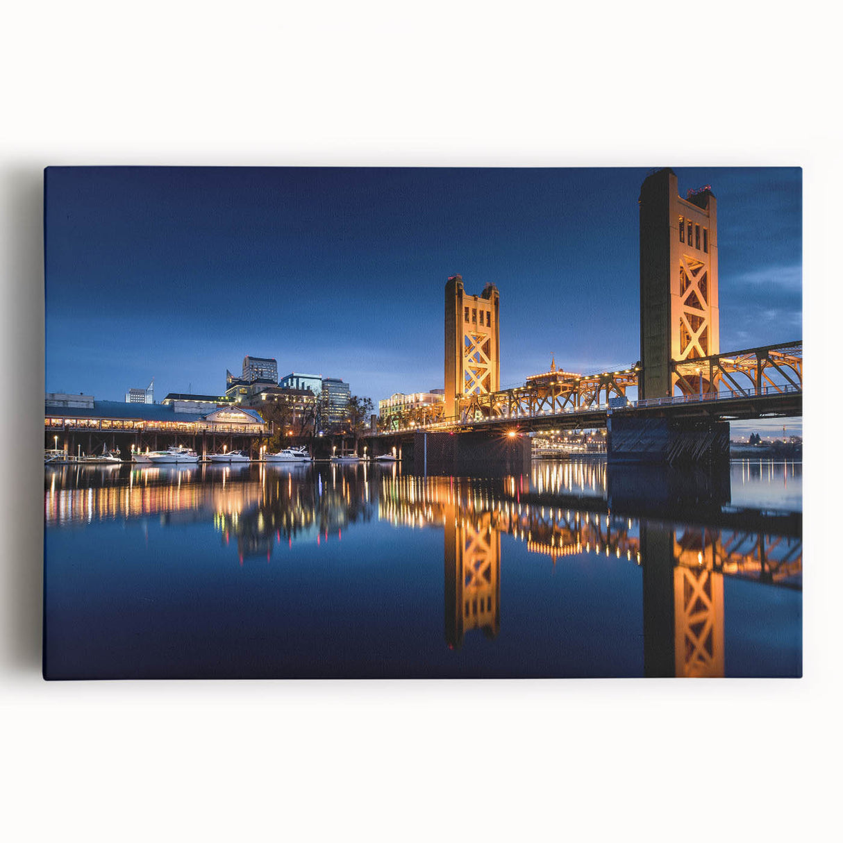 Black and white large art print of Sacramento skyline on stretched canvas, ideal for kitchen wall art.