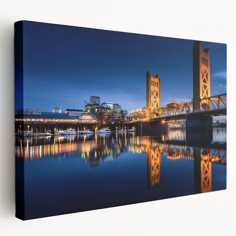 Large canvas print of Sacramento skyline in muted gray and blue tones, ideal for kitchen wall art.