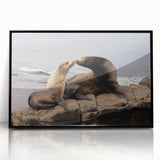 Large abstract wall art of San Diego skyline in muted gray and blue tones on framed acrylic.