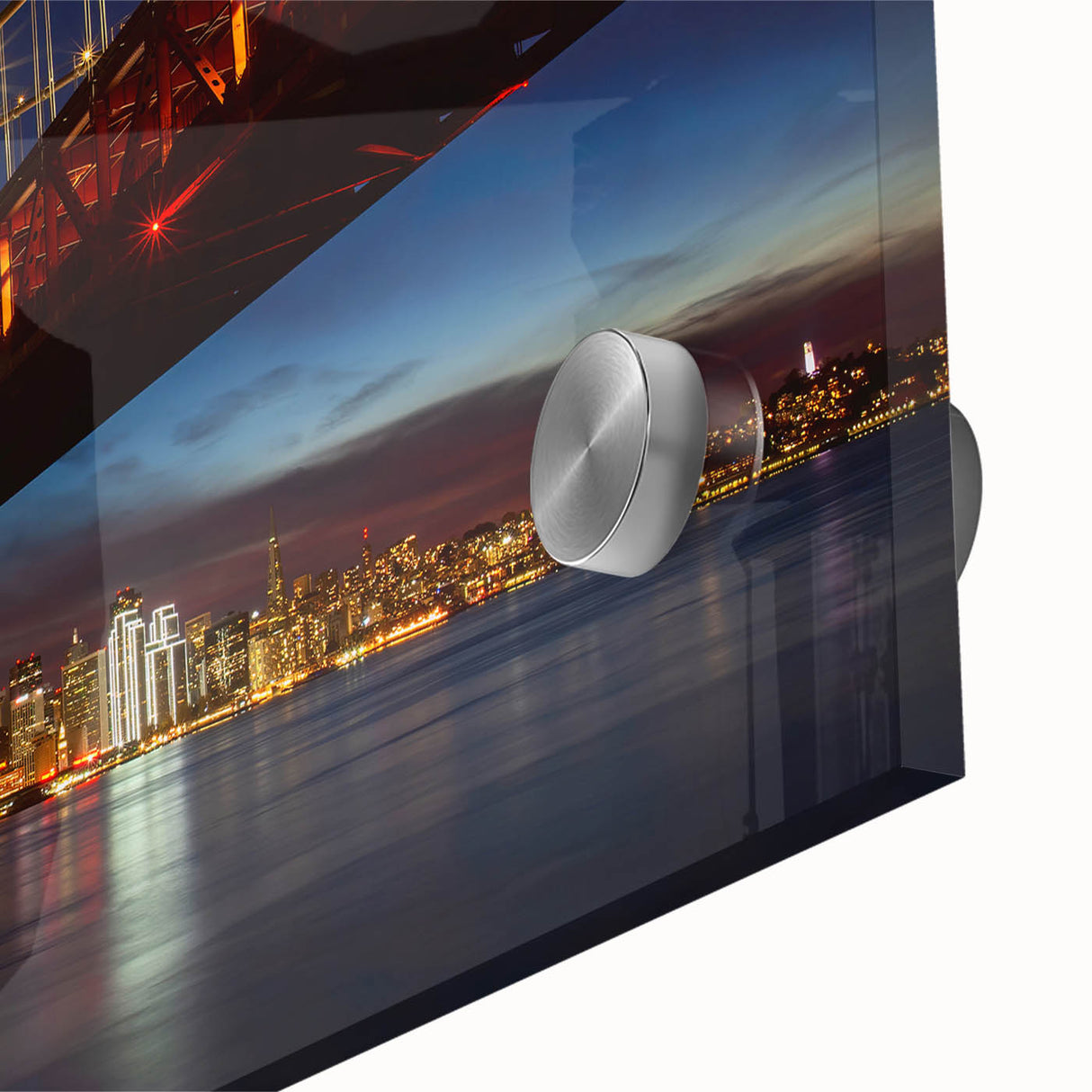 Acrylic print of a large abstract depiction of San Francisco in mid-century modernist style, with vibrant hues.