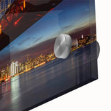 Acrylic print of a large abstract depiction of San Francisco in mid-century modernist style, with vibrant hues.