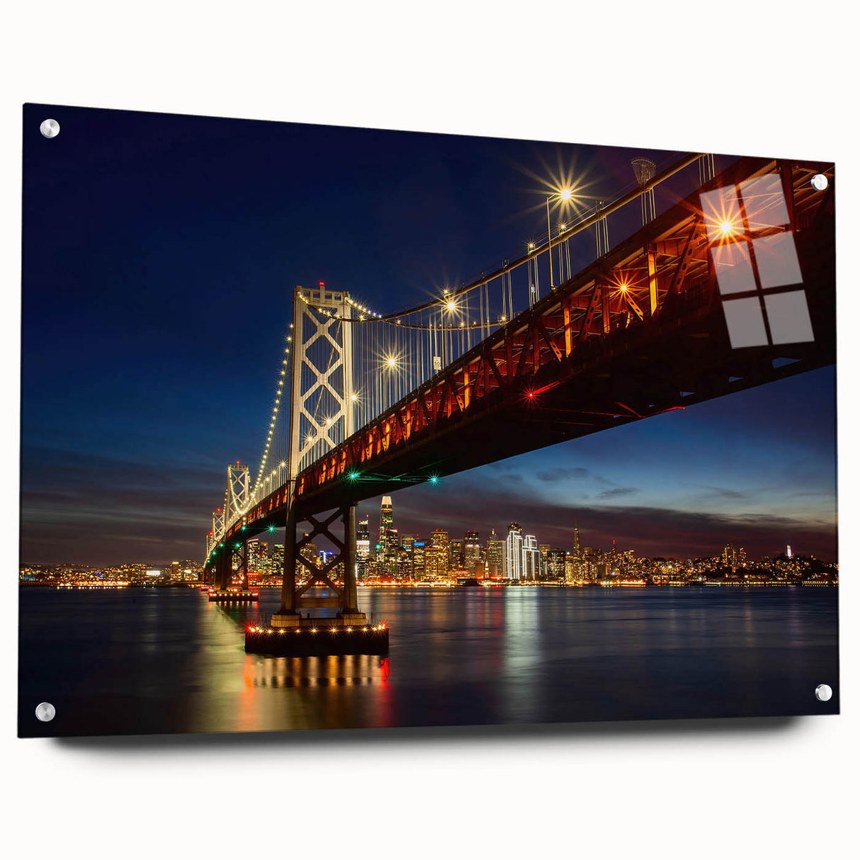 Acrylic print of San Francisco skyline in muted blue and gray tones, suitable for bedroom or dining room decor.