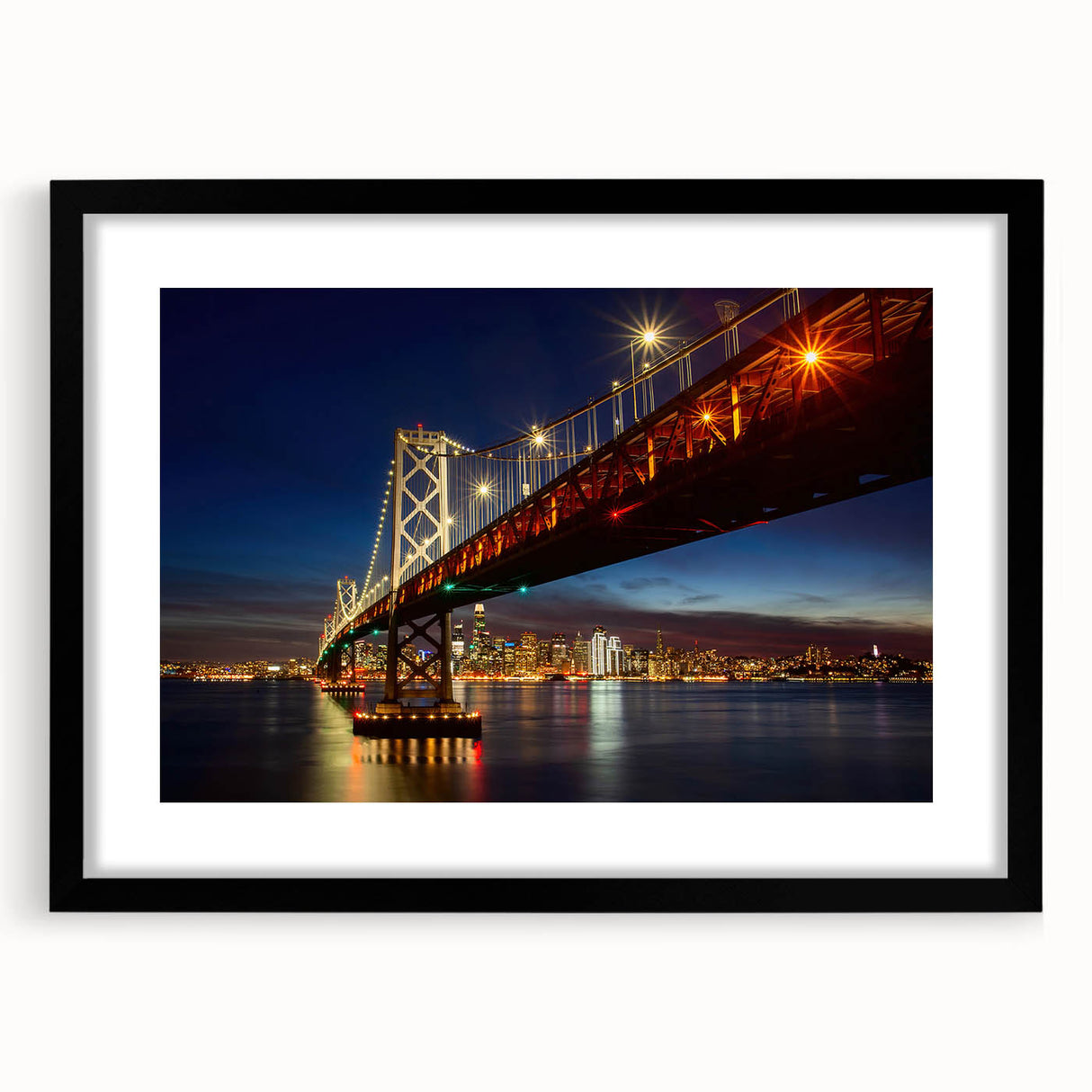 Extra large abstract art print of San Francisco skyline with vibrant, textured colors on a framed black mat.