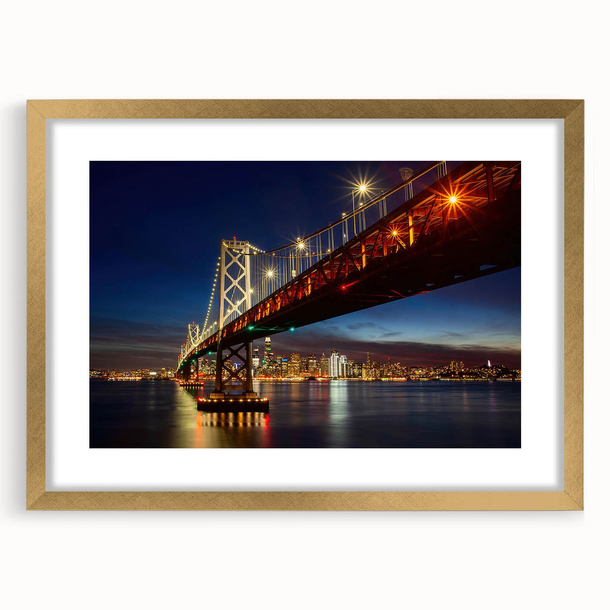 Extra large abstract art print of San Francisco skyline in textured gold frame, suited for living room decor.