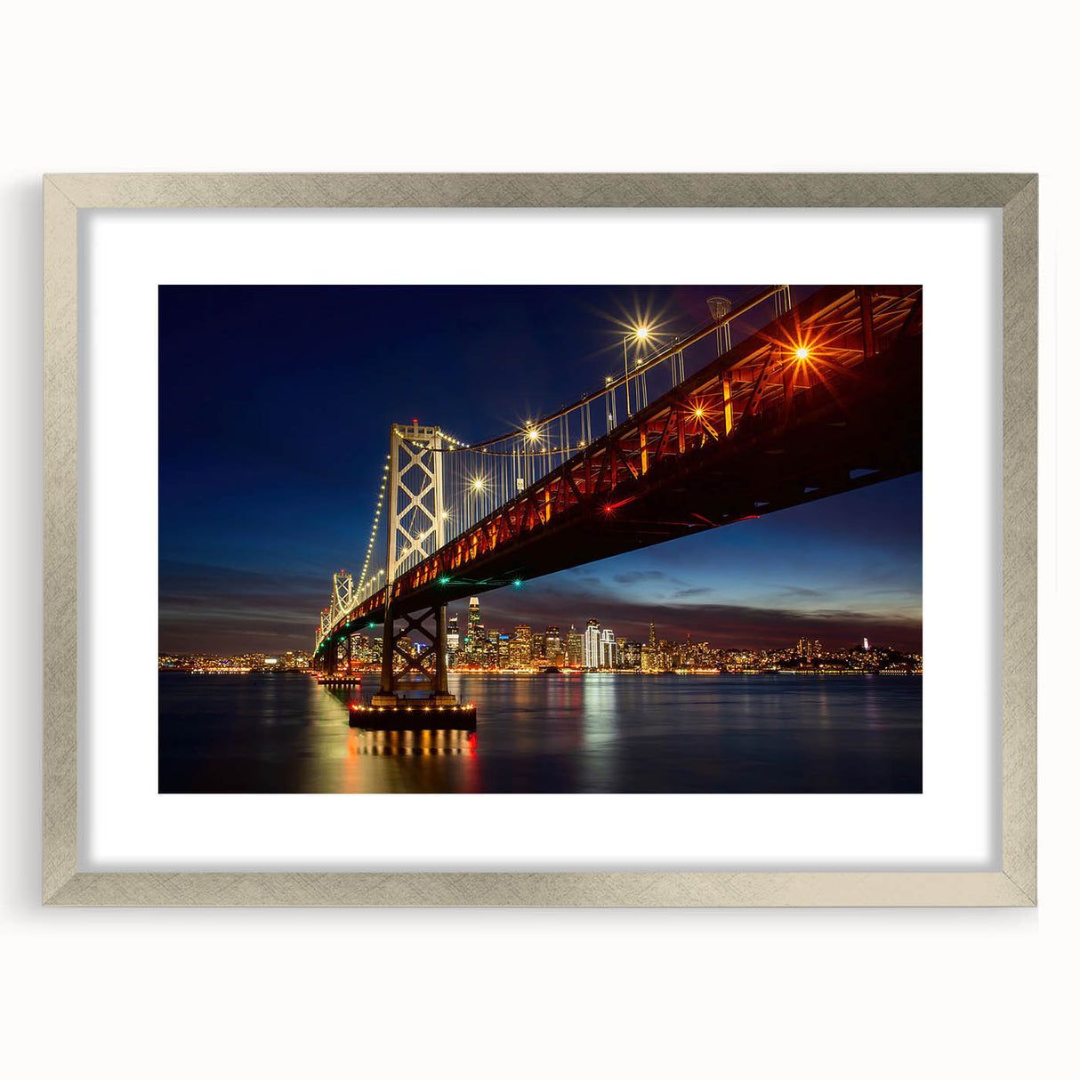 Textured art of abstract San Francisco skyline in muted gray and silver tones on a framed poster, suitable for bedroom decor.