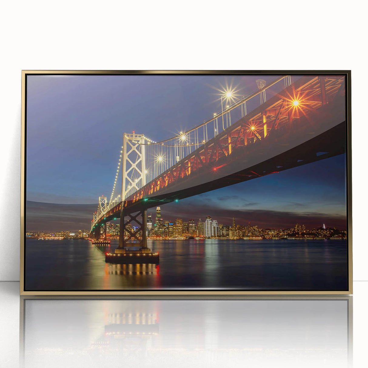 Large art print of San Francisco skyline in muted gold tones on framed acrylic, styled in mid-century modernist design.