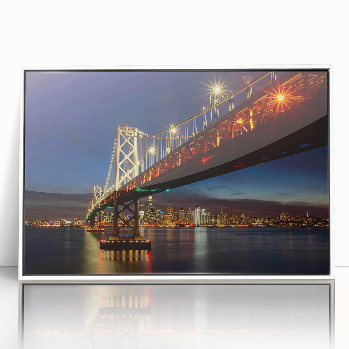 Acrylic print of San Francisco skyline in art deco style, framed in white, ideal for modern nursery wall art.