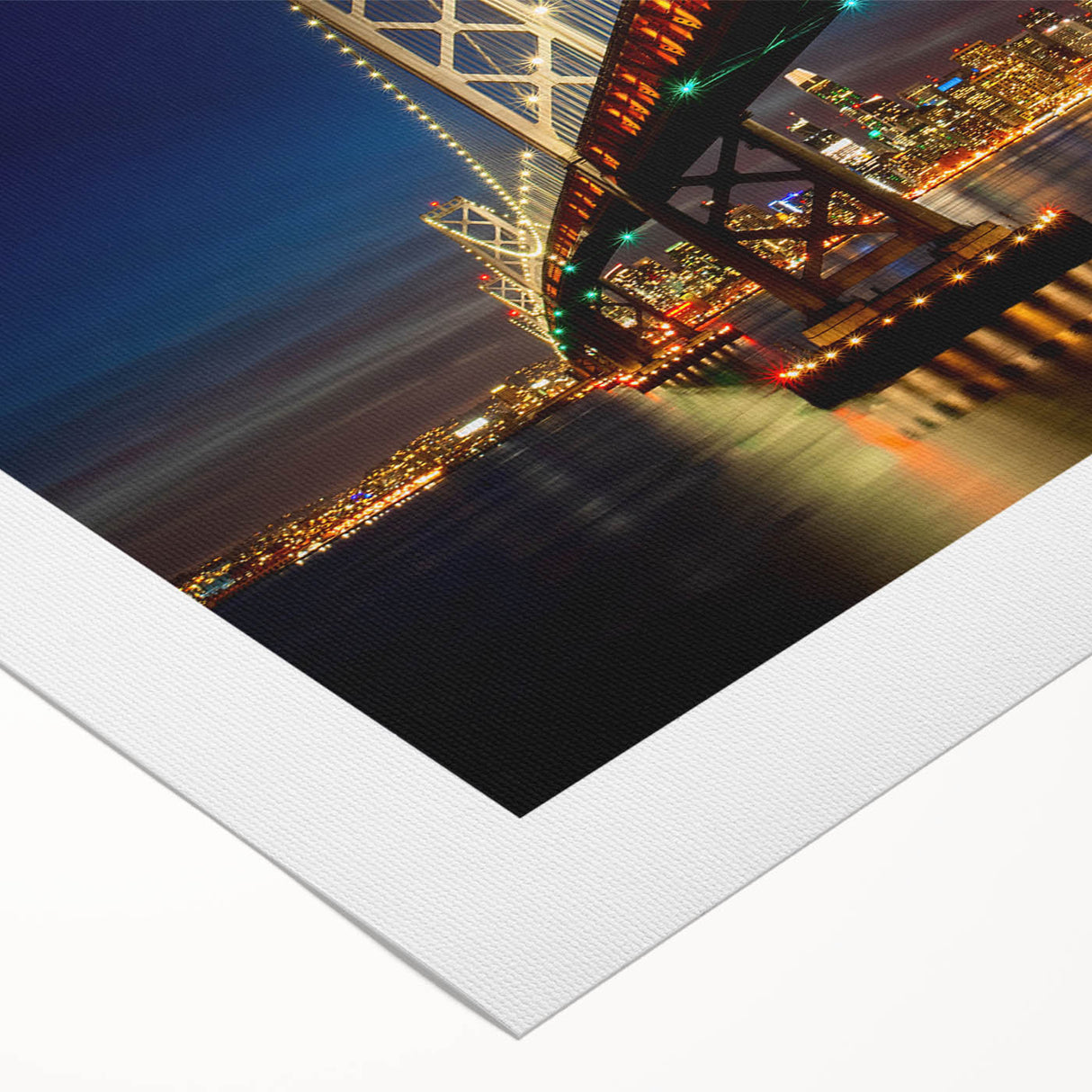 Art deco poster of San Francisco skyline in muted gold and blue tones on rolled canvas, suitable for dining room wall art.