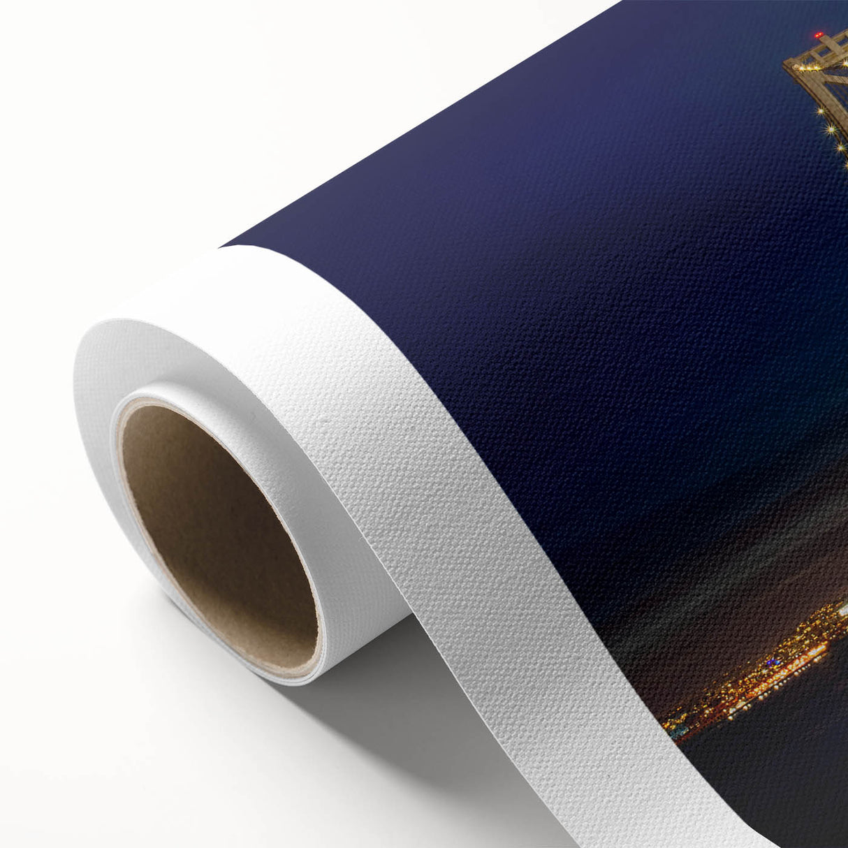 Art deco style San Francisco skyline on a rolled canvas in pastel blue and pink shades, ideal for nursery wall art.