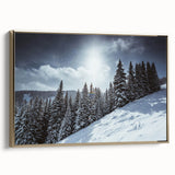 Framed canvas wall art depicting a vintage-style landscape of Vail, Colorado in gold and black tones.