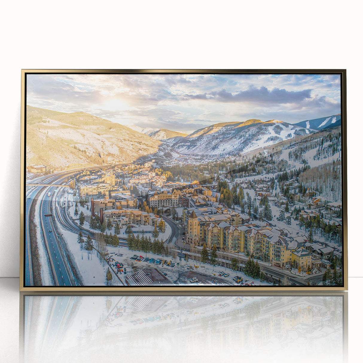 Large art print of Aspen, Colorado scenery in gold frame, acrylic, featuring mid-century modernist style.