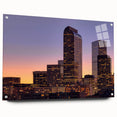 Acrylic print of Denver skyline in muted blue and gray, suitable for bedroom or dining room decor.