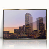 Acrylic print of Denver skyline with muted earth tones in a mid-century modernist style, suitable for modern art wall decor.
