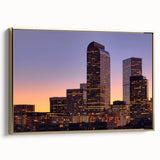 Framed canvas wall art featuring a vintage-style landscape painting of Denver, Colorado in gold and black tones.