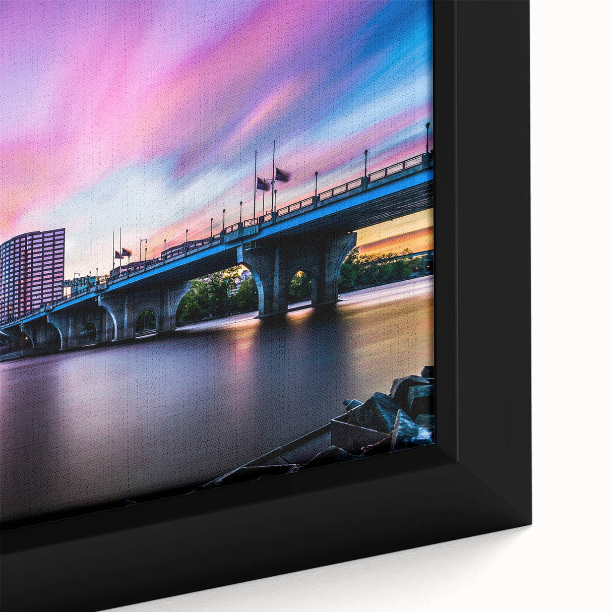 Textured black wall art depicting a colorful Connecticut landscape on a framed canvas, ideal for living room decor.