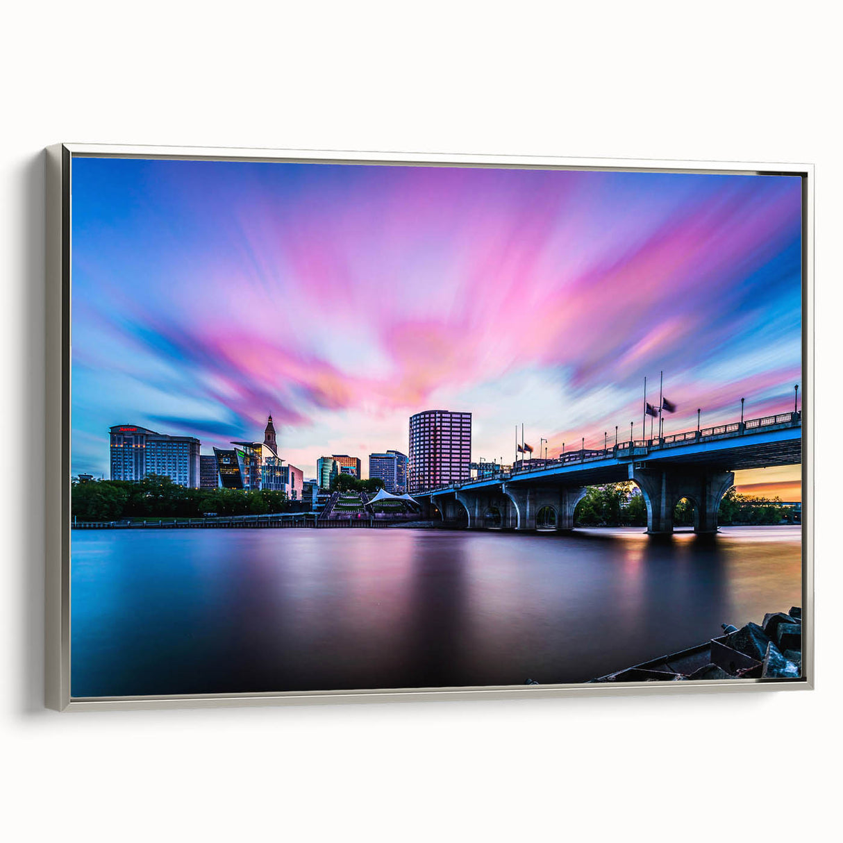 Landscape art painting of Connecticut scenery in colorful hues on a silver-framed canvas, suitable for living room decor.