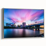 Landscape art painting of Connecticut scenery in colorful hues on a silver-framed canvas, suitable for living room decor.
