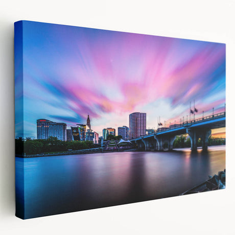Large art canvas featuring a serene Connecticut landscape in muted green and blue tones, ideal for kitchen wall decor.