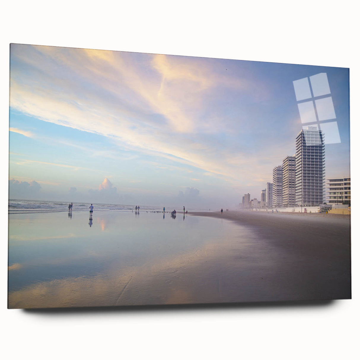 Large abstract wall art featuring vibrant shades of blue and orange on acrylic glass, ideal for bedroom or dining room decor.