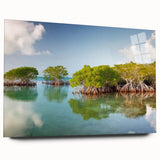 Acrylic print of a large abstract depiction of the Florida Keys in blue and green tones.