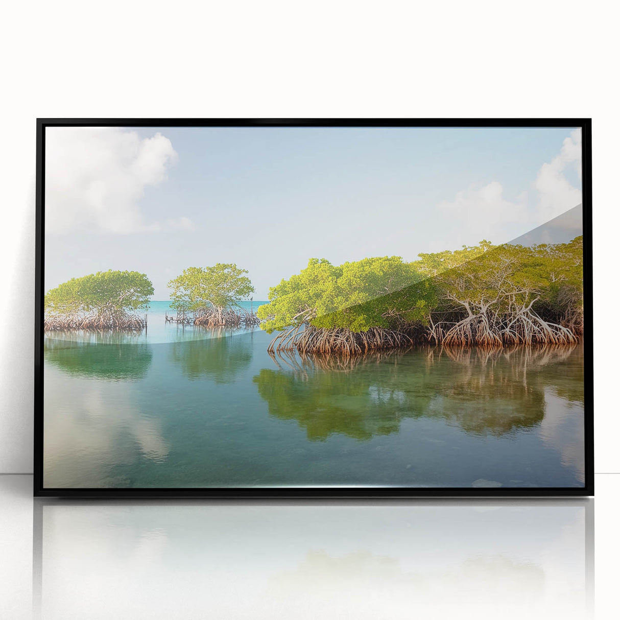 Large abstract wall art of the Florida Keys in muted blue and green tones on a framed acrylic.