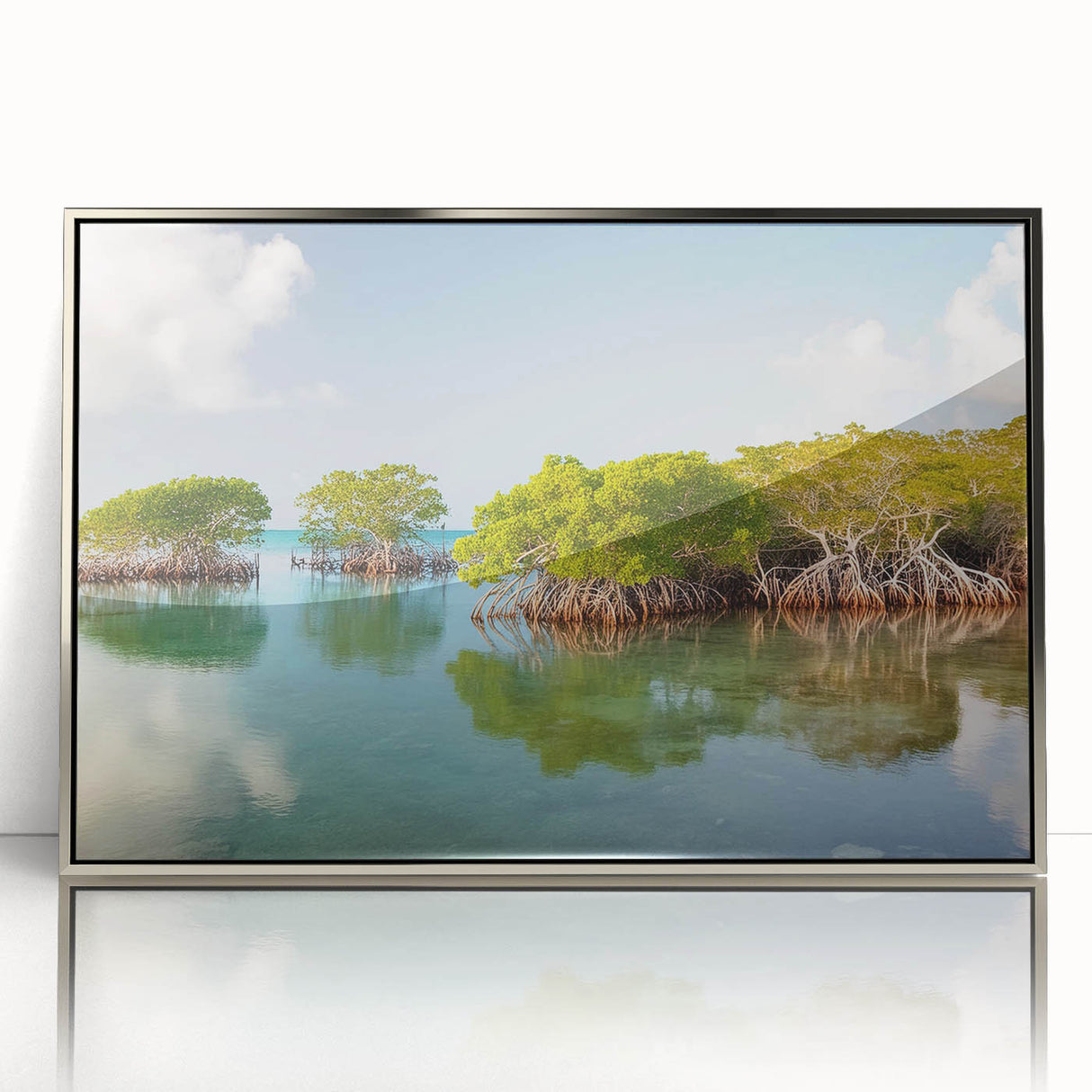 Mid-century modernist art depicting Florida Keys scenery in muted blue tones on a silver-framed acrylic print.