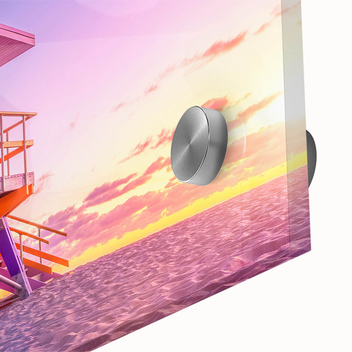 Large abstract wall art depicting Miami skyline in vibrant hues on acrylic glass, ideal for dining room art.