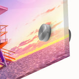 Large abstract wall art depicting Miami skyline in vibrant hues on acrylic glass, ideal for dining room art.