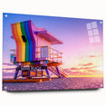 Acrylic print of a Miami skyline in vibrant twilight hues, ideal for bedroom or dining room decor.