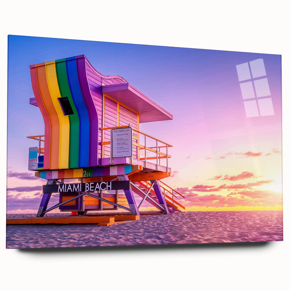 Acrylic print of a large abstract depiction of Miami with vibrant blues and pinks, ideal for bedroom or dining room art.
