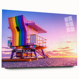 Acrylic print of a large abstract depiction of Miami with vibrant blues and pinks, ideal for bedroom or dining room art.
