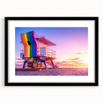 Extra large abstract art print depicting Miami scenery in vibrant colors on a textured canvas, framed in black.