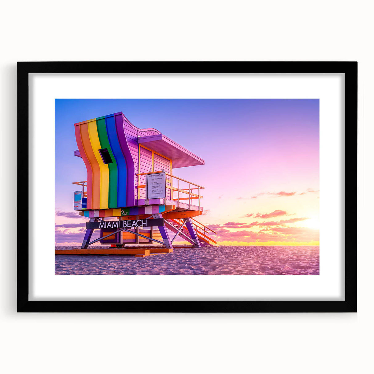 Extra large abstract art print depicting Miami scenery in vibrant colors on a textured canvas, framed in black.