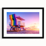 Extra large abstract art print depicting Miami scenery in vibrant colors on a textured canvas, framed in black.