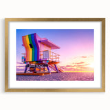 Extra large abstract art print of Miami scenery in textured gold frame, ideal for living room decor.