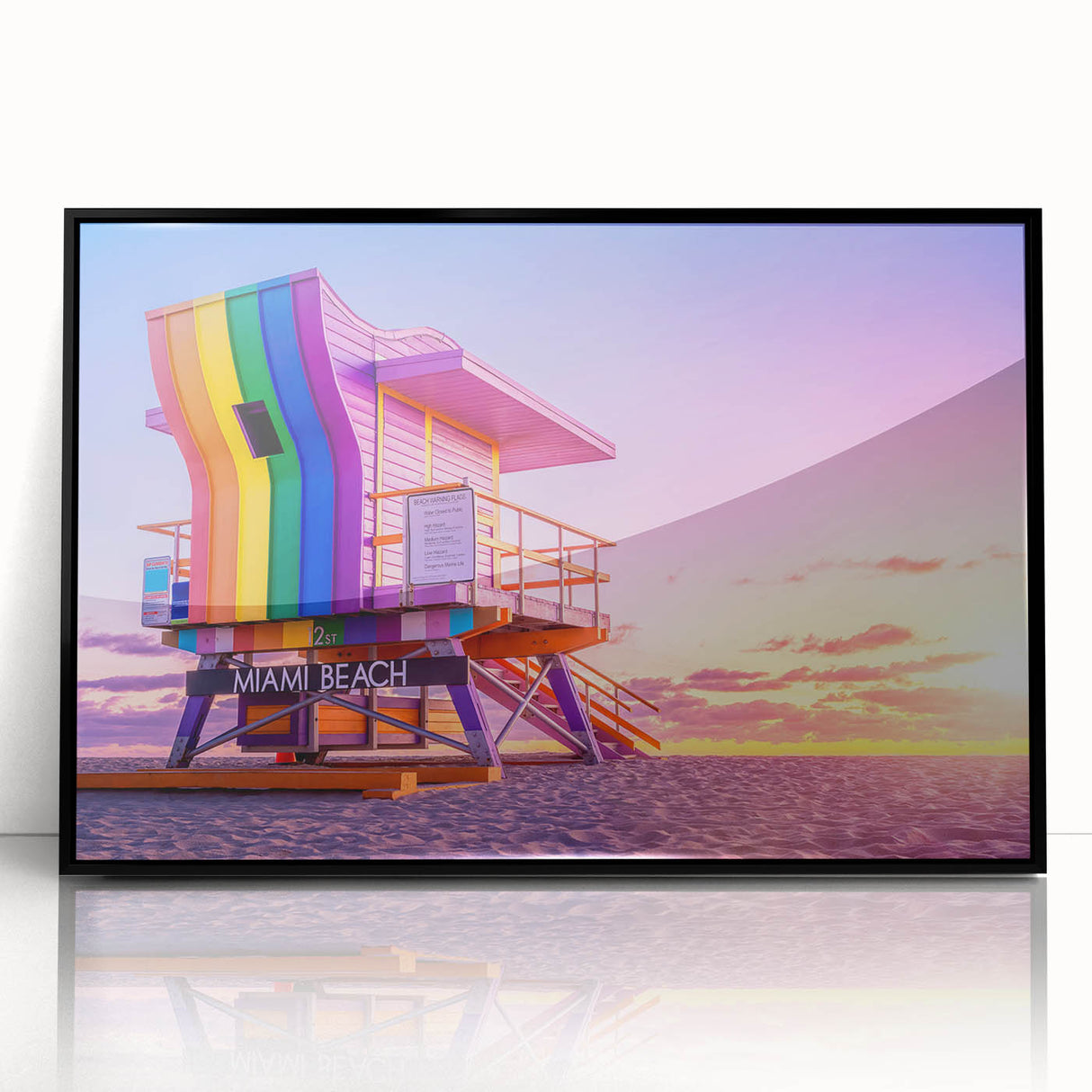 Large abstract wall art depicting the Miami skyline in vibrant sunset colors on a black framed acrylic.