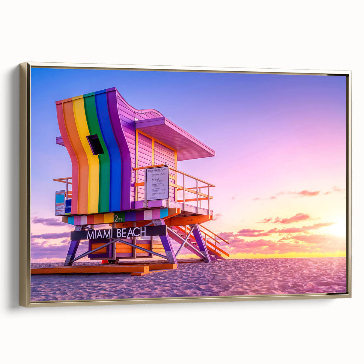 Framed canvas depicting a vintage-style Miami landscape in black and gold tones, ideal for bedroom wall art.