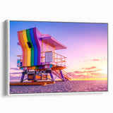 Vintage poster art of Miami skyline in vibrant colors on a large framed canvas, ideal for living room decor.