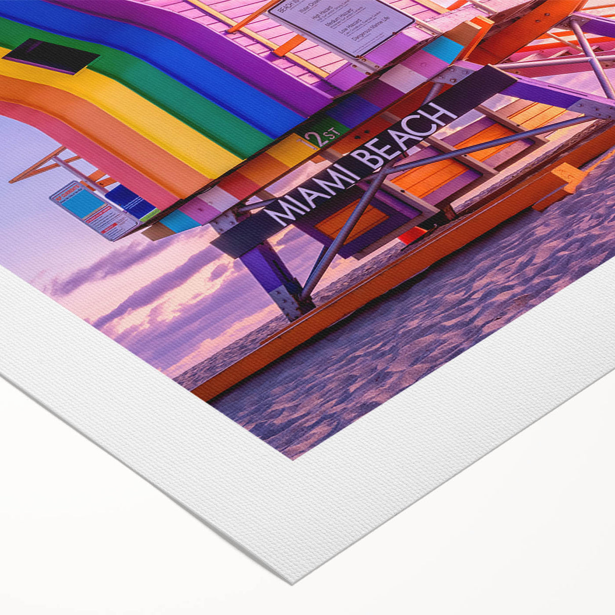 Art deco poster featuring a vibrant Miami skyline on rolled canvas, suitable for dining room decor.