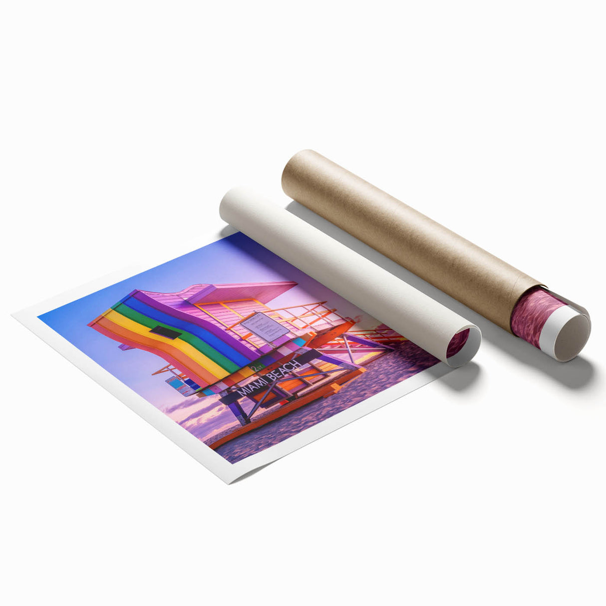 Extra large rolled print of Miami skyline with pastel shades, ideal for classy bathroom wall art.