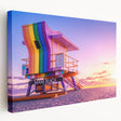 Side view of a large stretched canvas depicting the Miami skyline in vibrant sunset colors, suitable for kitchen wall art.