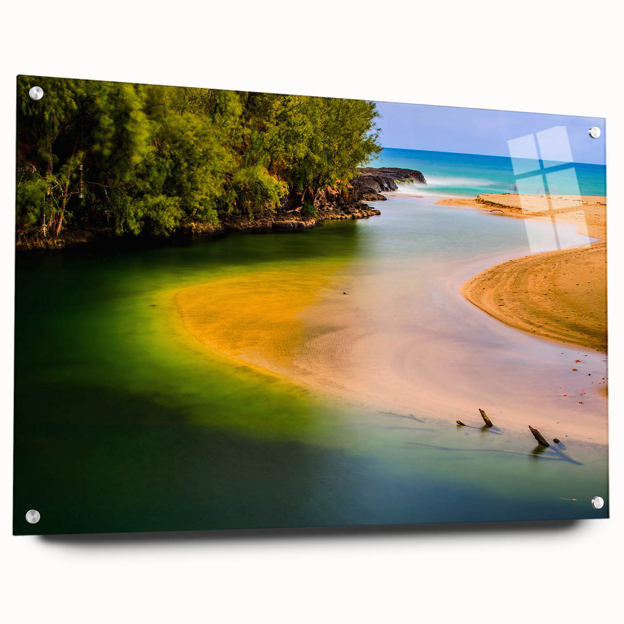 Acrylic print of a large abstract depiction of Kauai's landscape in blue and green tones.