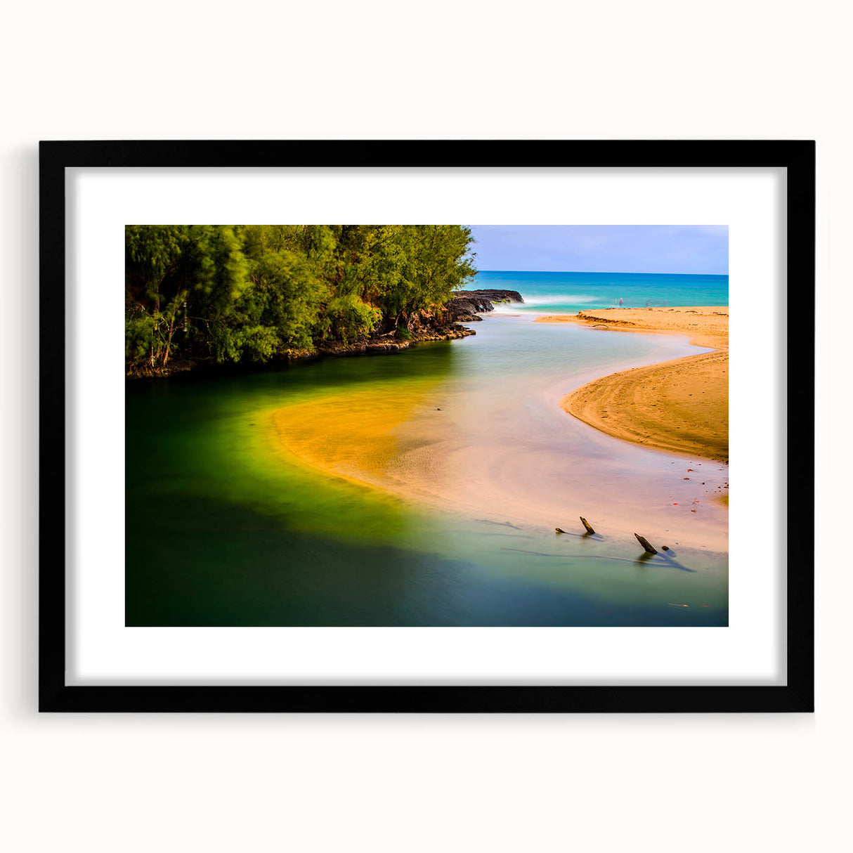 Extra large abstract art print of colorful Kauai scenery on textured canvas, framed in black, ideal for living room decor.