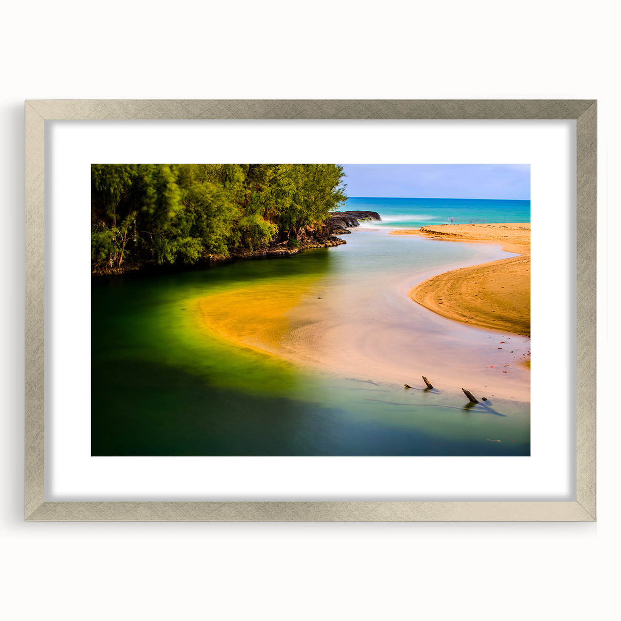 Textured art print of Kauai landscape in muted green and blue tones on a silver framed canvas, suitable for bedroom decor.